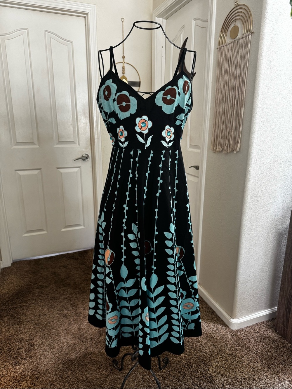 Magic Black Midi Dress with Aqua and Brown Floral Embroidery